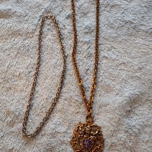 Bundle of Gold Color Necklaces One with Knight shield on it and one chain set 2